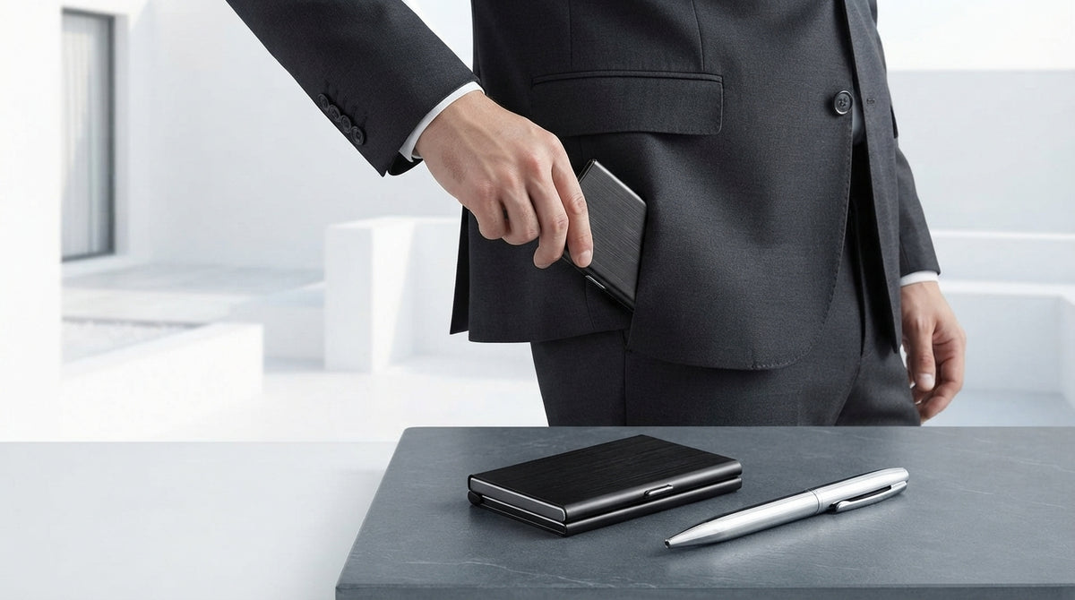 A person in a professional suit pulling a slim black aluminium card holder from their pocket in a bright, minimalist setting.