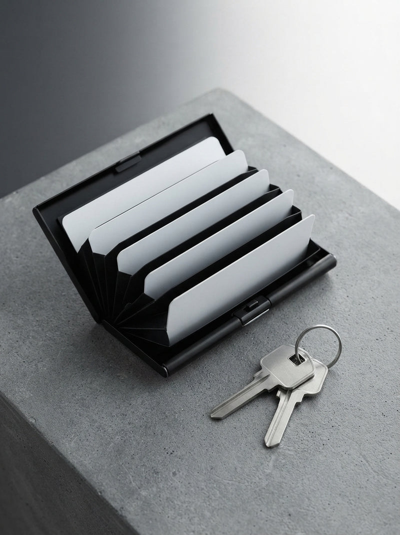 A black aluminium card holder sits on a slate gray surface next to minimalist keys, showcasing a slim, modern design.