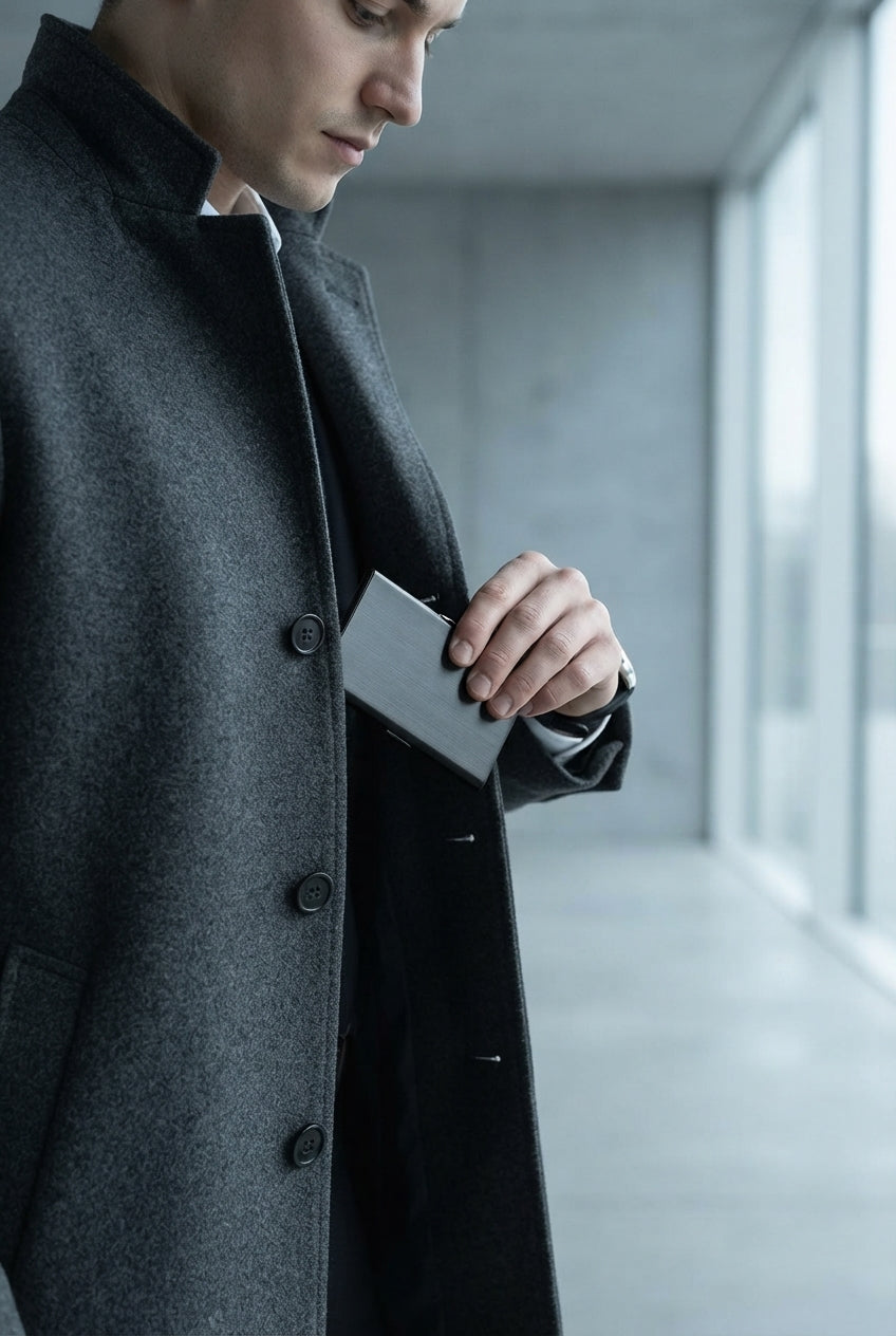 A person in a charcoal coat taking a slim black aluminium card holder from their pocket in a minimalist architectural space.