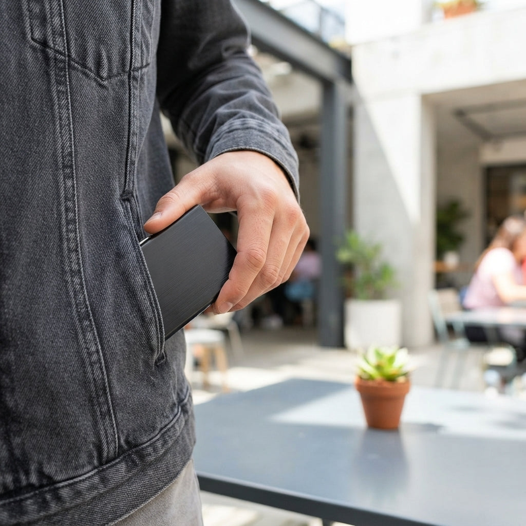 A person pulling a slim black aluminium card holder from their pocket at a modern cafe table.